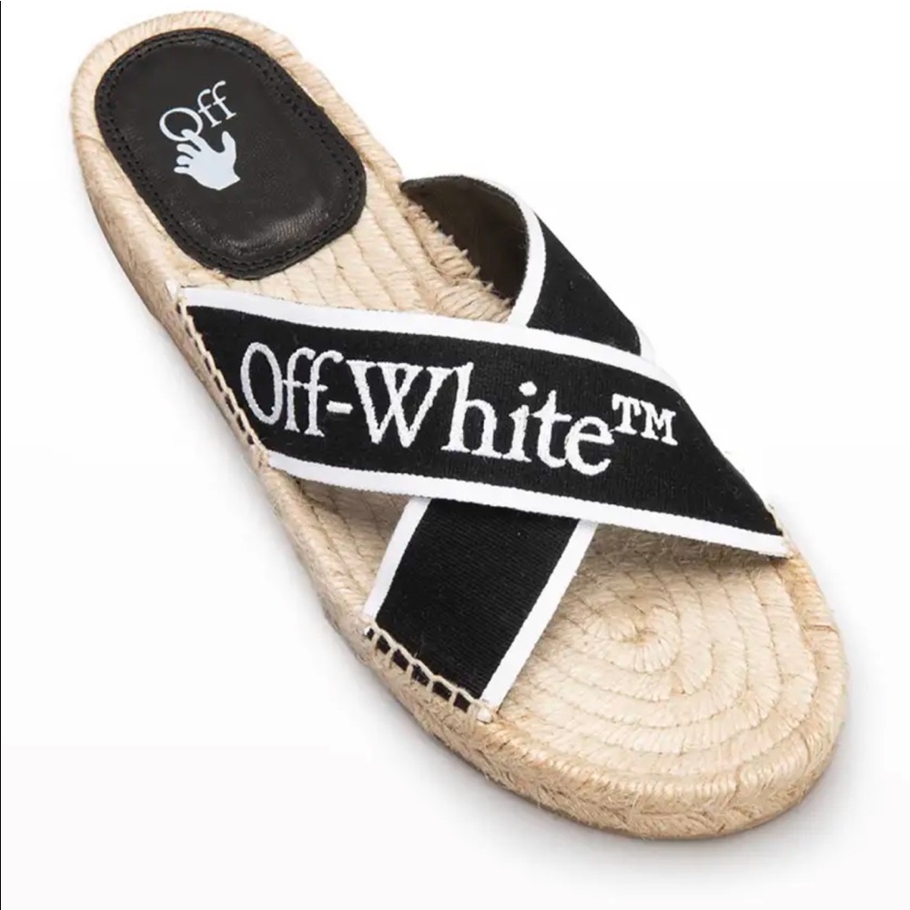 OFF-WHITE  ** Cotton Logo Crisscross Flat Espadrilles